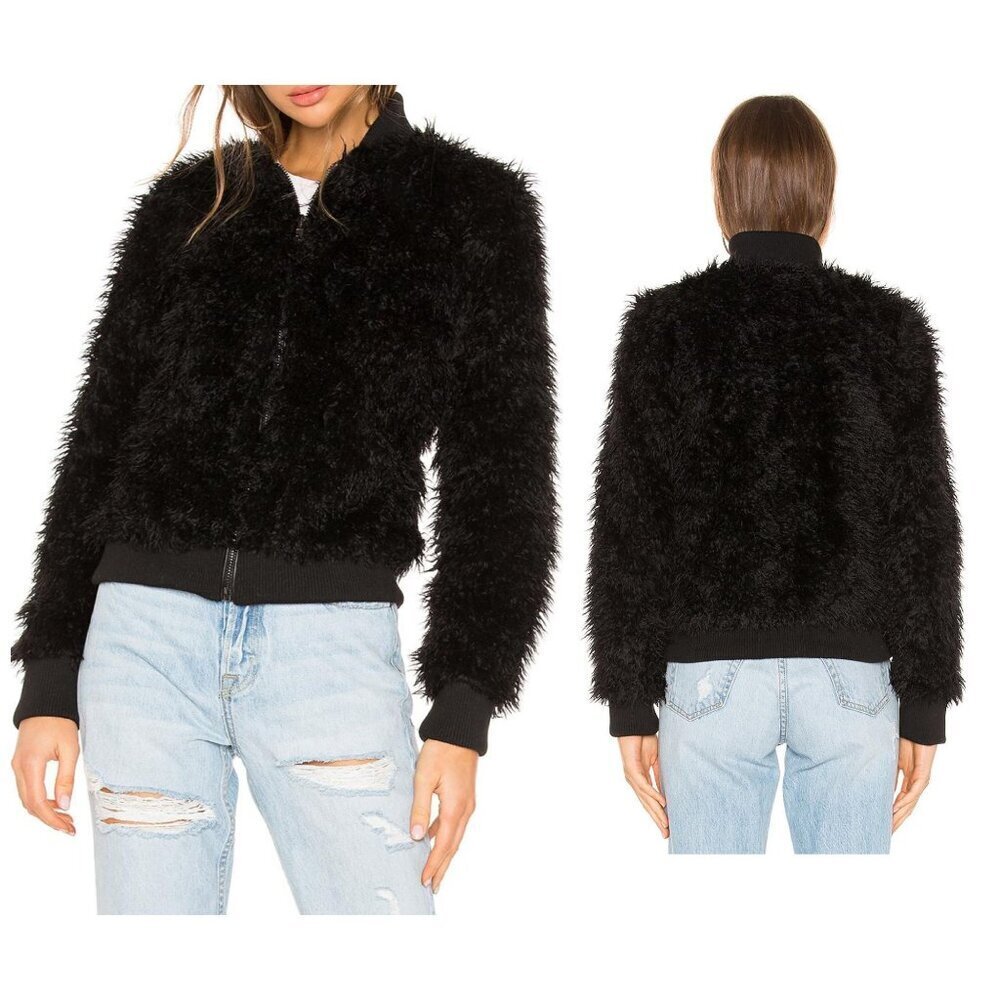 Chaser Faux Lamby Black Vegan Fur Bomber Jacket L NWT